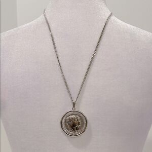 Vintage Monet Silver Tone Napoleon Coin Pendant Necklace And Chain